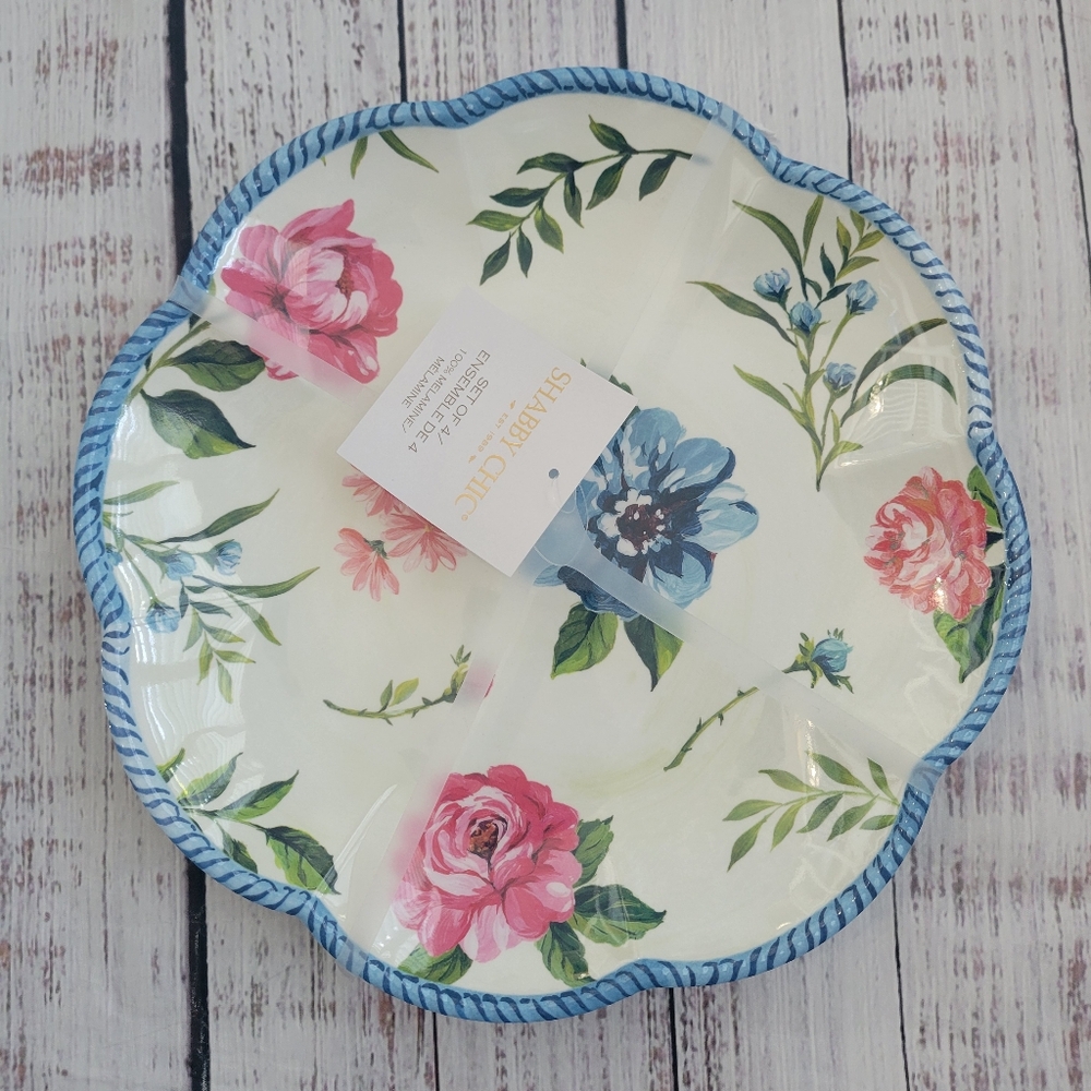 Shabby Chic Melamine Dinner Plates Set of 4 Scalloped Edge Floral NEW